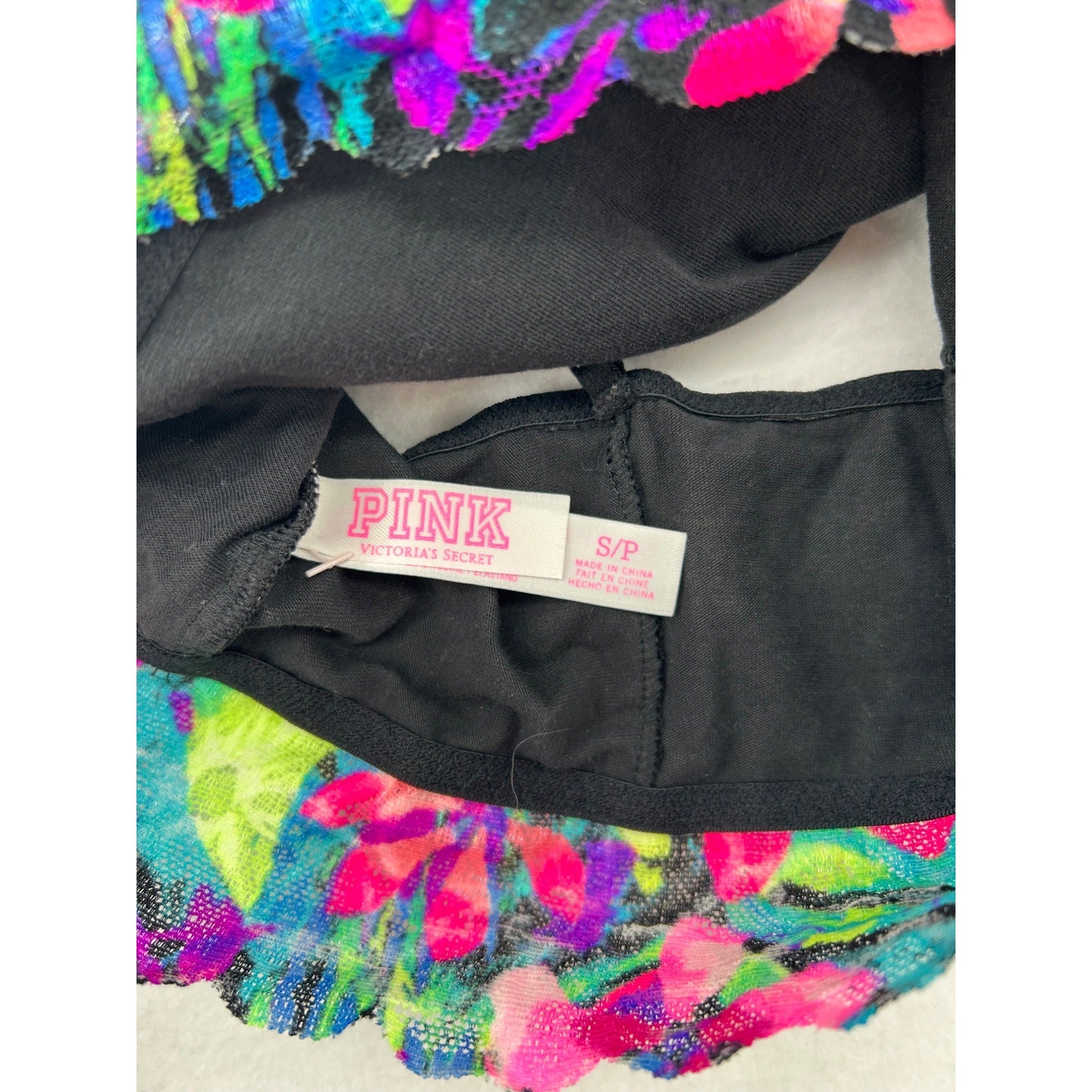 Pink Victorias Secret Lace Trim Bralette Black Floral Adjustable Straps #6442