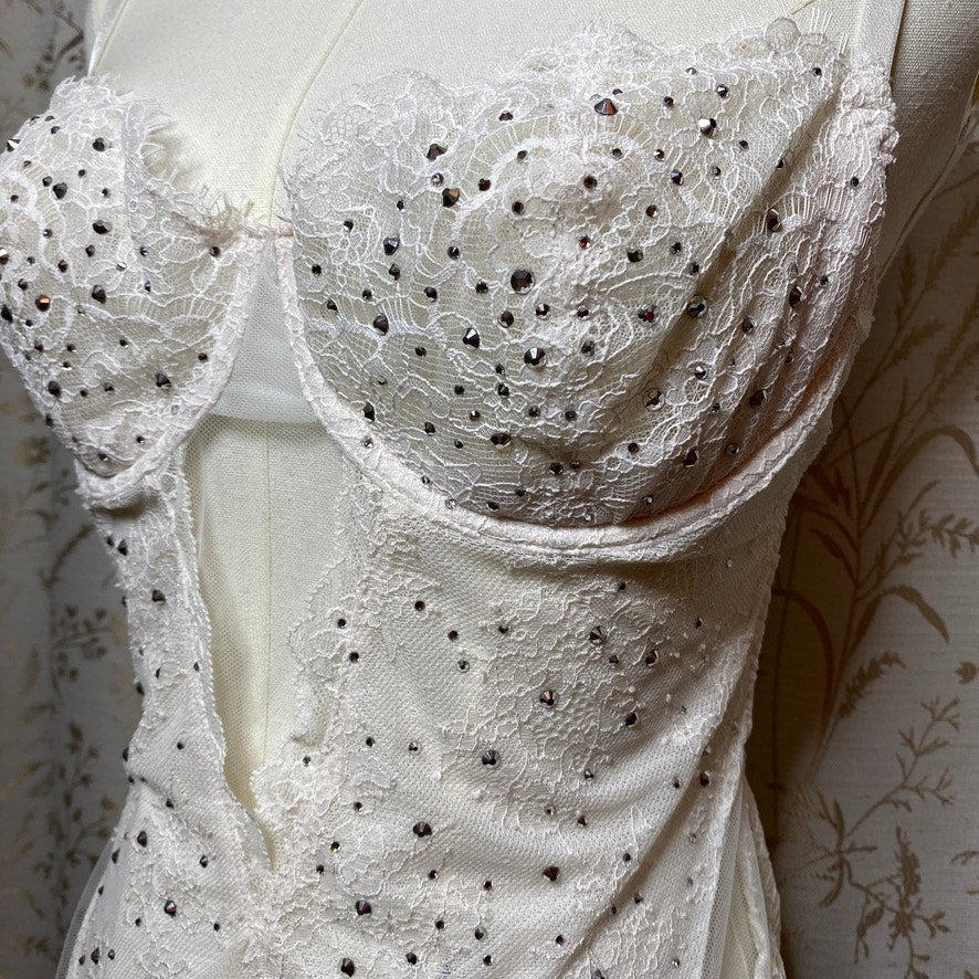 Victorias Secret White Lace Rhinestone Cheeky Teddy M/L Low Back Bridal Coquette