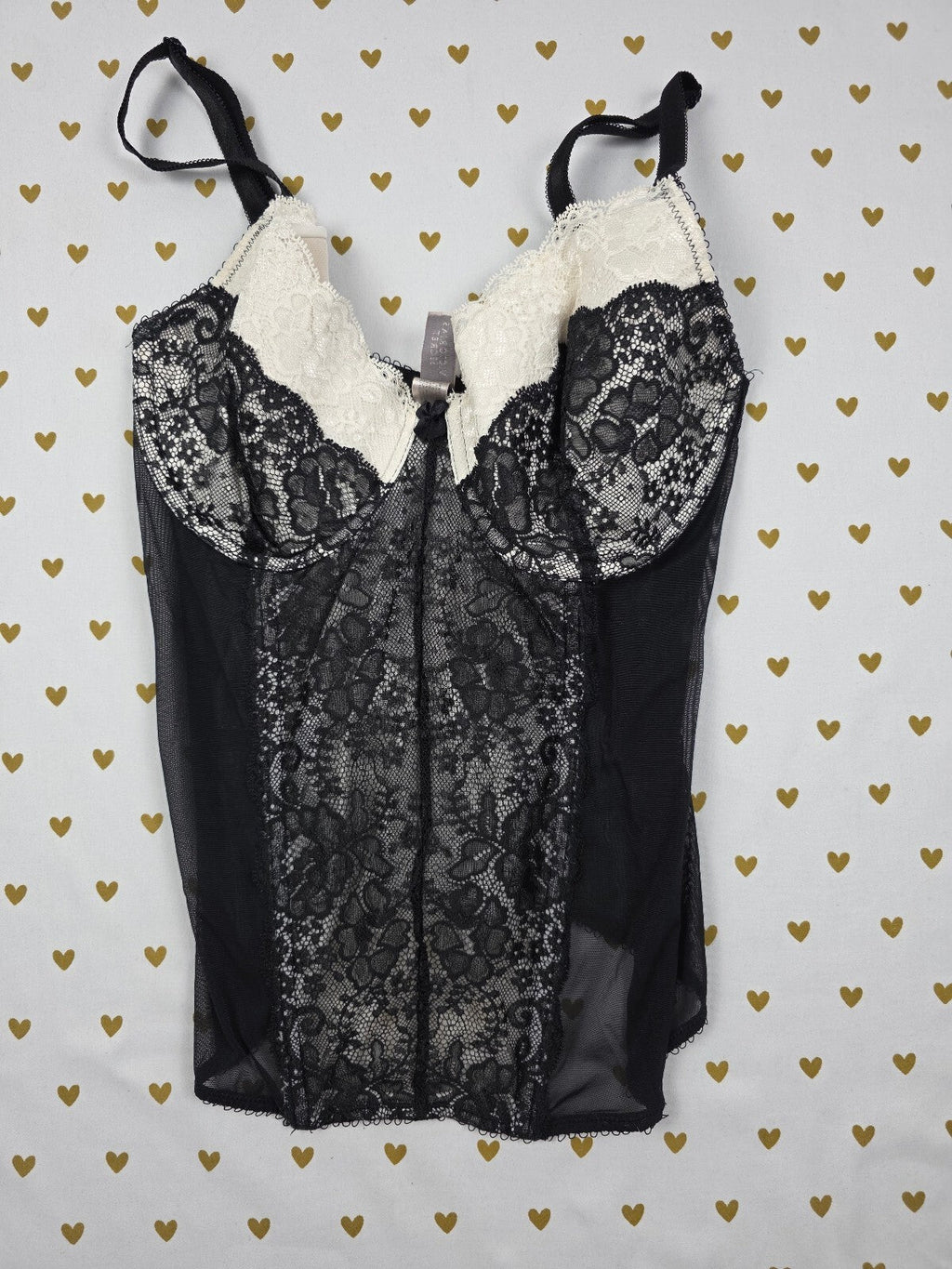 Victoria's Secret Lace Bustier Corset Black Ivory Sheer Mesh Lingerie 36D